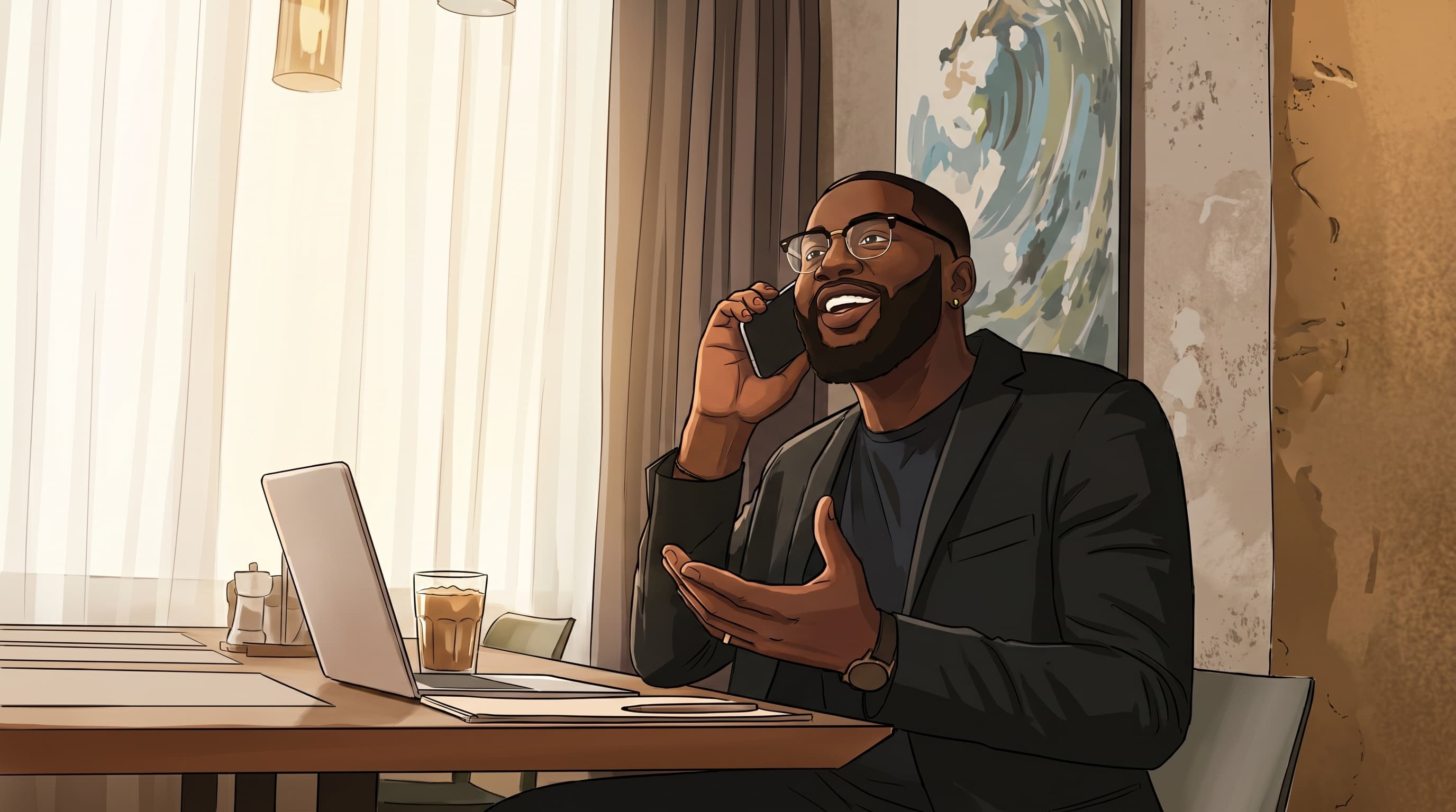A businessman on an AI-driven sales call with his laptop and coffee on the desk